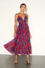 Sincerely Gorgeous Black Multi Floral Pleated Midi Dress