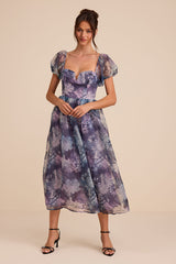 Lovely Statement Purple Floral Organza Tie-Back Midi Dress
