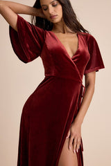 Defining Elegance Rust Red Velour Short Sleeve Wrap Maxi Dress