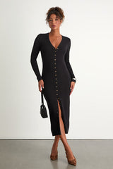 Cold Weather Crush Black Button-Up Sweater Midi Dress