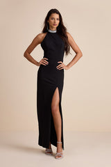 Immaculate Class Black Rhinestone Halter Maxi Dress