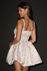 Sweet Charm Light Blue Jacquard Bubble-Hem Mini Dress