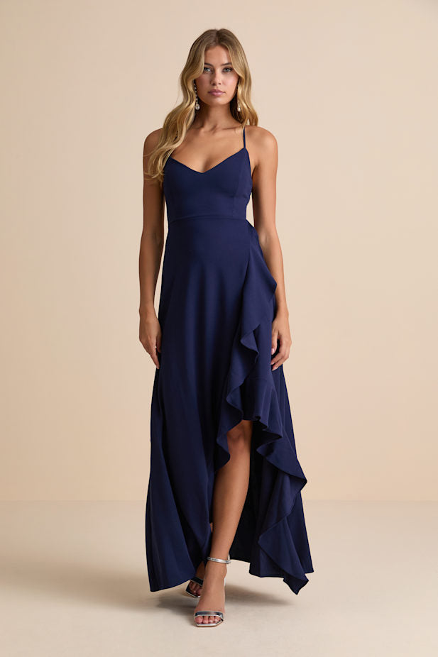 Caryl Dark Navy Ruffled Tulip High-Low Maxi Dress