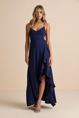 Caryl Dark Navy Ruffled Tulip High-Low Maxi Dress