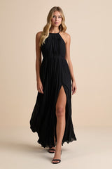 Rylie Black Pleated Backless Maxi Dress