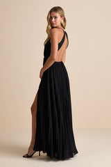 Rylie Black Pleated Backless Maxi Dress