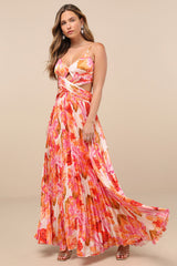 Lylee Pink Multi Floral Satin Pleated Maxi Dress