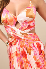 Lylee Pink Multi Floral Satin Pleated Maxi Dress