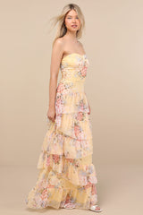 Niyati Yellow Floral Strapless Tiered Maxi Dress