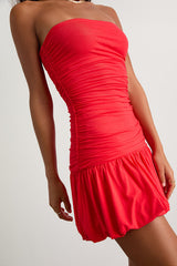 Calix Bright Red Strapless Ruched Bubble-Hem Mini Dress