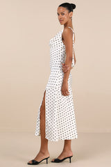 Matea White Polka Dot Satin Cowl Tie-Back Midi Dress