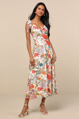 Simply Blissful Ivory Multi Floral Tie-Strap A-Line Midi Dress