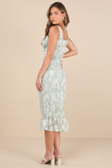 Elani Light Sage Floral Burnout Trumpet Midi Dress