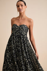 Lynwen Black Abstract Pleated Strapless Maxi Dress