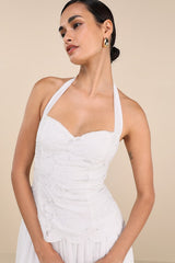 Alysanne White Embroidered Drop Waist Halter Midi Dress
