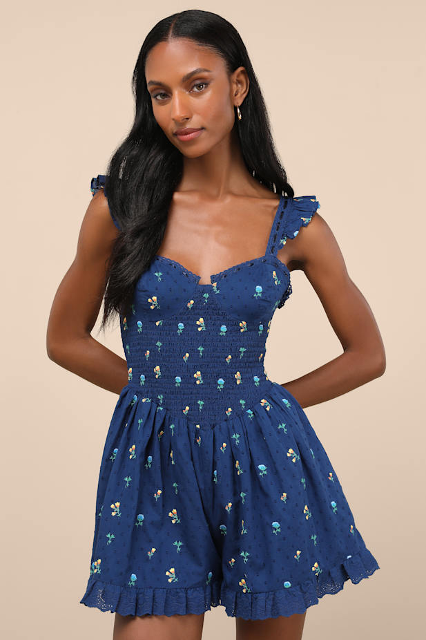 Colbie Dark Blue Floral Swiss Dot Bustier Romper