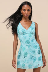 Jaziel Aqua Blue Floral Sleeveless Mini Dress