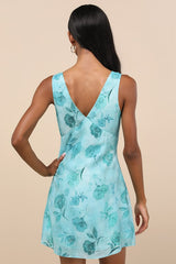Jaziel Aqua Blue Floral Sleeveless Mini Dress