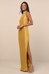 Gwenny Golden Yellow Satin Plisse Maxi Dress