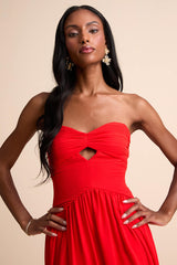 Rozala Bright Red Pleated Strapless Maxi Dress
