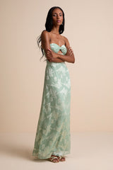 Danae Sage Green Floral Jacquard Strapless Maxi Dress