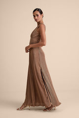 Renee Light Brown Satin Plisse V-Neck Maxi Dress