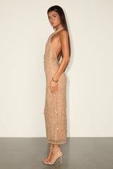 Julianna Beige Sequin Halter Backless Midi Dress
