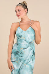 Bright Charm Light Blue Abstract Print Chiffon Slip Midi Dress