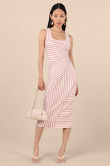 Constantly Trendy Blush Striped Crinkle Bodycon Midi Dress