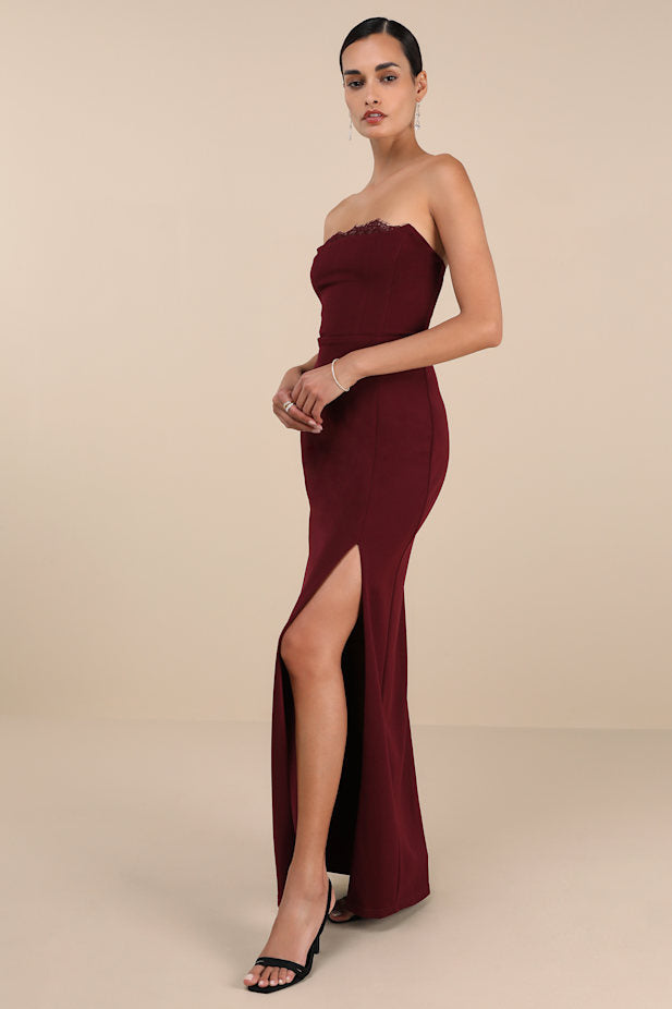 Memorably Iconic Burgundy Strapless Lace Bustier Maxi Dress