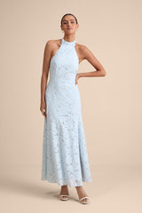 Vaelyn Light Blue Crochet Lace Halter Maxi Dress