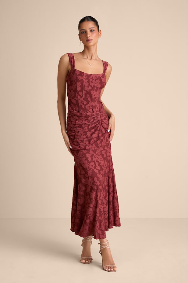 Celeste Rust Red Floral Burnout Bustier Maxi Dress