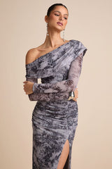 Darla Grey Tie-Dye Mesh One-Shoulder Long Sleeve Maxi Dress