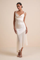 Enara Cream Satin Mesh Tie-Strap Asymmetrical Midi Dress