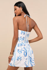 Prue Ivory and Blue Tile Print Halter Mini Dress