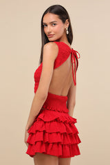 Izzy Red Smocked Tiered Two-Piece Skort Romper