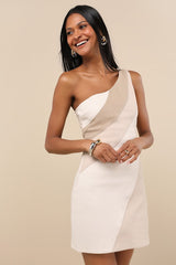Tara Ivory Color Block One-Shoulder Mini Dress
