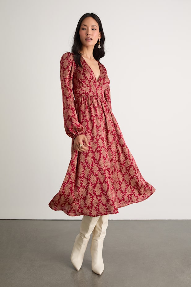 Graceful Impression Wine Red Floral Print Midi Dress