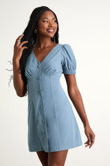 Adored Cutie Light Blue Corduroy Button-Front Mini Dress