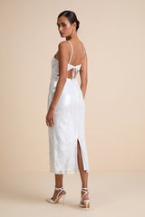 Cahya White Sequin Tie-Back Midi Dress