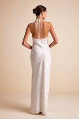 Emeris White Satin Jacquard Lace Halter Maxi Dress