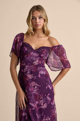 Valla Purple Floral Flutter Sleeve Midi Dress