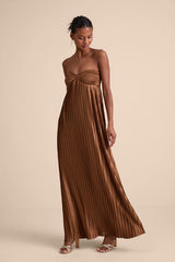 Whimsical Beauty Brown Satin Plisse Strapless Maxi Dress