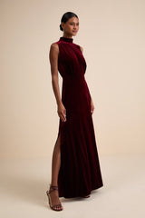 Classic Elegance Wine Red Velvet Sleeveless Mock Neck Maxi Dress