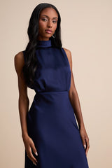 Classic Elegance Navy Satin Sleeveless Mock Neck Maxi Dress