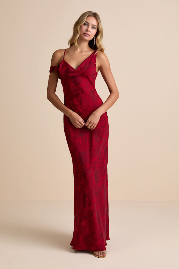 Minnie Red Satin Jacquard Asymmetrical Maxi Dress