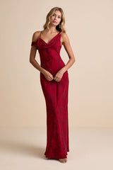 Minnie Red Satin Jacquard Asymmetrical Maxi Dress