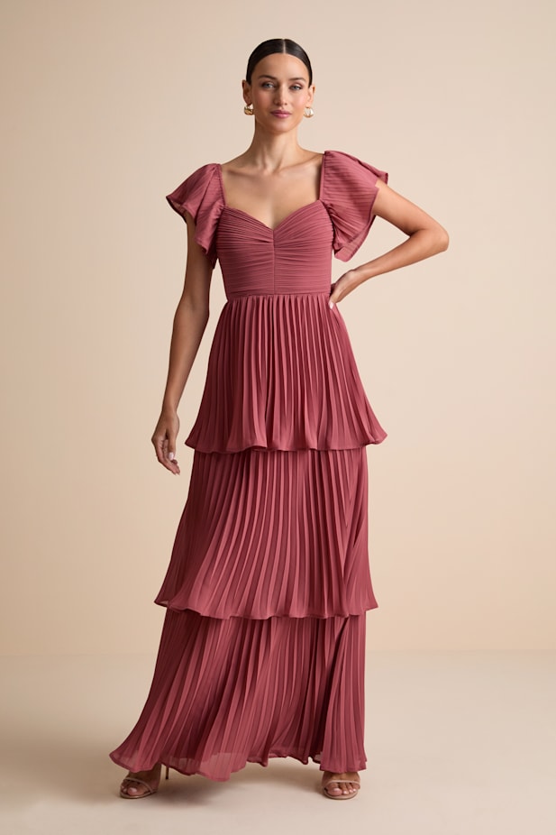 Notorious Charm Rusty Rose Pleated Flutter Sleeve Maxi Dress