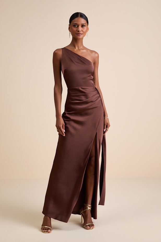 Signature Elegance Chocolate Brown Satin One-Shoulder Maxi Dress