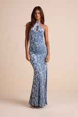 Sharon Slate Blue Velvet Burnout Halter Maxi Dress